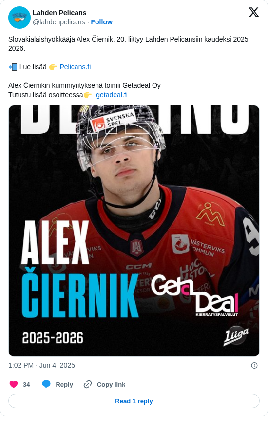 Lahden Pelicans: Slovakialaishyökkääjä Alex Čiernik, 20, liittyy Lahden Pelicansiin kaudeksi 2025–2026.

📲 Lue lisää 👉 https://t.co/HT773wvks6

Alex Čiernikin kummiyrityksenä toimii Getadeal Oy
Tutustu lisää osoitteessa👉  https://t.co/zjIgBLqUJq https://t.co/vmDUV8JwtV
