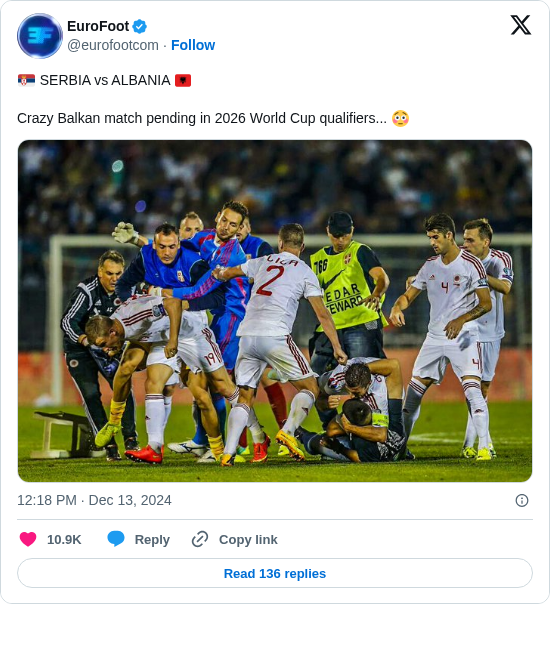 EuroFoot: 🇷🇸 SERBIA vs ALBANIA 🇦🇱

Crazy Balkan match pending in 2026 World Cup qualifiers... 😳 https://t.co/yJlkPavkmf