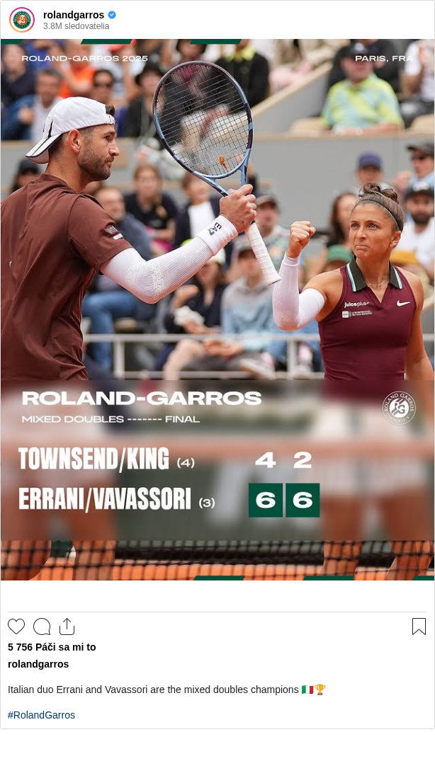 

Italian duo Errani and Vavassori are the mixed doubles champions 🇮🇹🏆

#RolandGarros