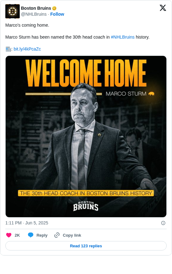 Boston Bruins: Marco's coming home.

Marco Sturm has been named the 30th head coach in #NHLBruins history.

📰: https://t.co/9jsQamgTRV https://t.co/DUgwnisbHR