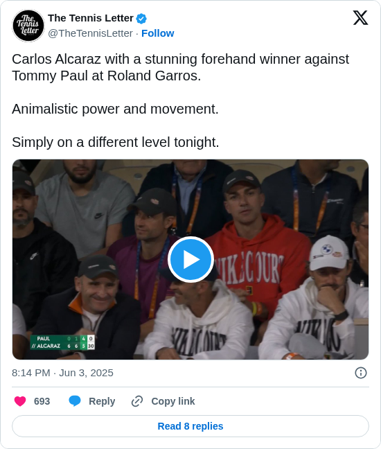 The Tennis Letter: Carlos Alcaraz with a stunning forehand winner against Tommy Paul at Roland Garros. 

Animalistic power and movement. 

Simply on a different level tonight. 

 https://t.co/L9WP1s2CD1