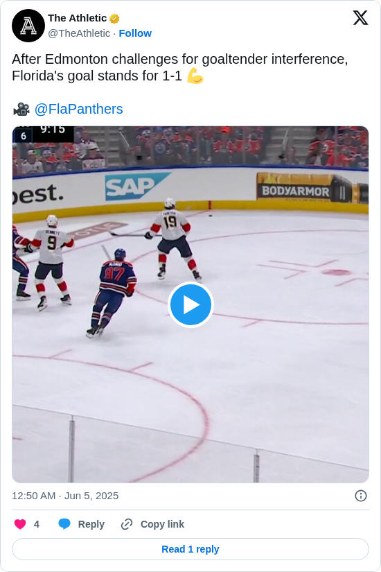 The Athletic: After Edmonton challenges for goaltender interference, Florida's goal stands for 1-1 💪

🎥 @FlaPanthers 

https://t.co/78JdmrPYDh