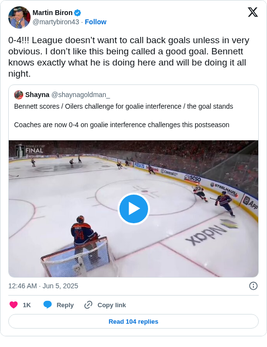 Martin Biron: 0-4!!! League doesn’t want to call back goals unless in very obvious. I don’t like this being called a good goal. Bennett knows exactly what he is doing here and will be doing it all night.