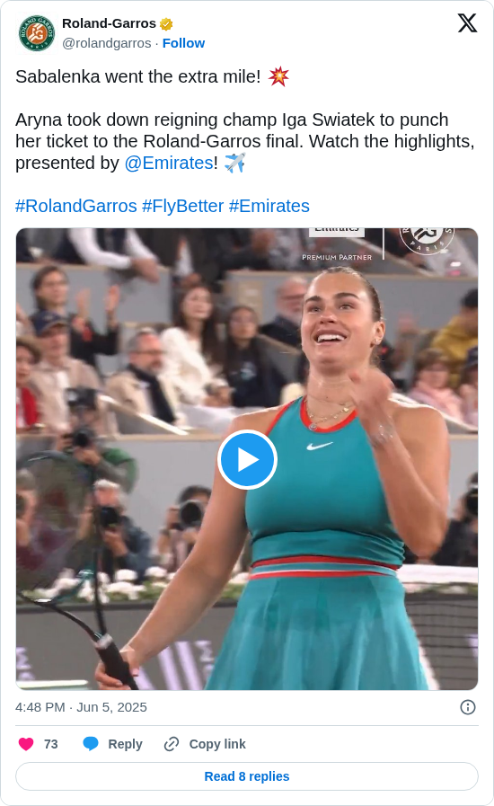 Roland-Garros: Sabalenka went the extra mile! 💥

Aryna took down reigning champ Iga Swiatek to punch her ticket to the Roland-Garros final. Watch the highlights, presented by @Emirates! ✈️

#RolandGarros #FlyBetter #Emirates https://t.co/ut7Papkuh2