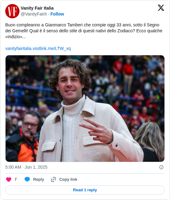 Vanity Fair Italia: Buon compleanno a Gianmarco Tamberi che compie oggi 33 anni, sotto il Segno dei Gemelli! Qual è il senso dello stile di questi nativi dello Zodiaco? Ecco qualche «indizio»...

https://t.co/F6n4F3id6i https://t.co/pgvkDmGuky