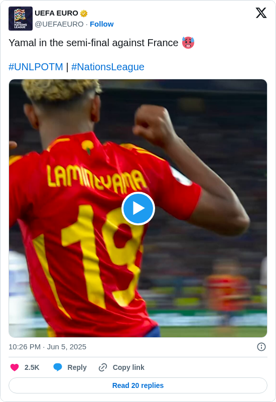 UEFA EURO: Yamal in the semi-final against France 🥵

#UNLPOTM | #NationsLeague https://t.co/frsk2PuTfF