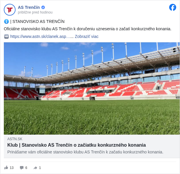 AS Trenčín: ℹ | STANOVISKO AS TRENČÍN

 Oficiálne stanovisko klubu AS Trenčín k doručeniu uznesenia o začatí konkurzného konania.

 ➡ https://www.astn.sk/clanek.asp… <https://l.facebook.com/l.php?u=https%3A%2F%2Fwww.astn.sk%2Fclanek.asp%3Fid%3DKlub-Stanovisko-AS-Trencin-o-zaciatku-konkurzneho-konania-11667&h=AT3zhdYIIogBsgCQng0GSL1gklibspGDpWDuS5nw5Rp-uSWiUzEyMRvOSDofrP_MdgPg14EsTx7Mdahj9ByXMkL8CmZDWXho-oHZmJuRNdl6FFFN_m6nY2BIFzDS934wcHiGMun2M2Gv-Lk>

 #astrencin </hashtag/astrencin?__eep__=6&fref=mentions&ref=embed_post> #stanovisko </hashtag/stanovisko?__eep__=6&fref=mentions&ref=embed_post>

