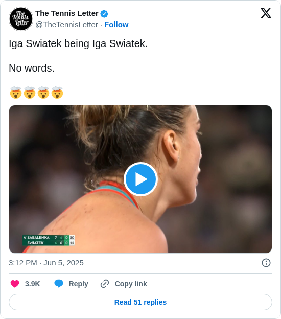 The Tennis Letter: Iga Swiatek being Iga Swiatek. 

No words. 

🤯🤯🤯🤯

 https://t.co/EbfHDZ7TeL