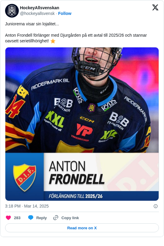 HockeyAllsvenskan: Juniorerna visar sin lojalitet...

Anton Frondell förlänger med Djurgården på ett avtal till 2025/26 och stannar oavsett serietillhörighet! ⭐️ https://t.co/e9XRAFVO7n