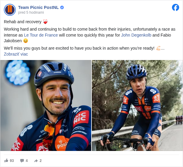 Team Picnic PostNL: Rehab and recovery ❤️‍🩹

 Working hard and continuing to build to come back from their injuries, unfortunately a race as intense as Le Tour de France <https://www.facebook.com/letour?fref=mentions&ref=embed_post> will come too quickly this year for John Degenkolb <https://www.facebook.com/johndegenkolb?fref=mentions&ref=embed_post> and Fabio Jakobsen 😔

 We'll miss you guys but are excited to have you back in action when you're ready! 💪🏻

 🇬🇧🔗 https://www.teampicnicpostnl.com/john-degenkolb-and-fabio-…/ <https://l.facebook.com/l.php?u=https%3A%2F%2Fwww.teampicnicpostnl.com%2Fjohn-degenkolb-and-fabio-jakobsen-set-to-miss-tour-de-france%2F&h=AT2Fi1_m7PR7HWMZeUfW4EEnxkFgCpfEJuyJO-_5m5zGh7xMwtwclifQ6_UdCYGV6bmH3tDi7SNxR6Xwj3aScLnKrFNGk0Fbyho4BlsalfHlu3-GrqXLXMJsfCV-I2cgSMtsG0T2VWFP864>
 🇳🇱🔗 https://www.teampicnicpostnl.com/…/john-degenkolb-en-fabio…/ <https://l.facebook.com/l.php?u=https%3A%2F%2Fwww.teampicnicpostnl.com%2Fnl%2Fjohn-degenkolb-en-fabio-jakobsen-missen-tour-de-france%2F&h=AT3p10piB9devLfbS4iUJc77sZBzviSU7AEnlfiLAgTuWQSti4jZ8TcBElvcZh77czWPq_AlxfaPC-ZZVb4ABQEEK-qEqyhj4fJ4lqRyI8ANxhBT_WsySaYxVCwOR60nnxi1DFP5-UIyPjY>

 #KeepChallenging </hashtag/keepchallenging?__eep__=6&fref=mentions&ref=embed_post> #TDF2025 </hashtag/tdf2025?__eep__=6&fref=mentions&ref=embed_post>

