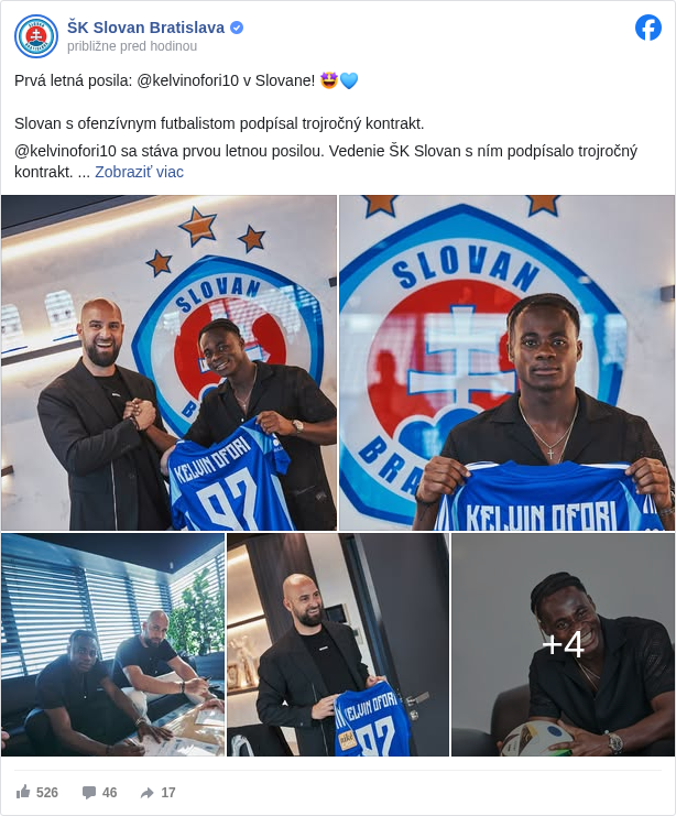 ŠK Slovan Bratislava: Prvá letná posila: @kelvinofori10 v Slovane! 🤩💙
  
 Slovan s ofenzívnym futbalistom podpísal trojročný kontrakt. 

 @kelvinofori10 sa stáva prvou letnou posilou. Vedenie ŠK Slovan s ním podpísalo trojročný kontrakt. 
 Stále len 23-ročný rodák z Ghany má za sebou výbornú sezónu s celkovo 11 gólmi vo všetkých súťažiach. Primárne hráva na pravom krídle, no dokáže nastúpiť na viacerých ofenzívnych postoch. Okrem okamžitej kvality prináša so sebou veľký potenciál.✨

 #belasimajstri #spolusmeslovan

