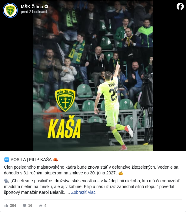 MŠK Žilina: 🆕 POSILA | FILIP KAŠA 🧱

 Člen posledného majstrovského kádra bude znova stáť v defenzíve žltozelených. Vedenie sa dohodlo s 31-ročným stopérom na zmluve do 30. júna 2027. ✍️

 🗣️ „Chceli sme posilniť os družstva skúsenosťou – v každej línii niekoho, kto má čo odovzdať mladším nielen na ihrisku, ale aj v kabíne. Filip u nás už raz zanechal silnú stopu,“ povedal športový manažér Karol Belaník. 

 Kašmen, vitaj naspäť pod Dubňom. 🙌
 Viac info na mskzilina.sk <https://l.facebook.com/l.php?u=http%3A%2F%2Fmskzilina.sk%2F&h=AT22IEq7Pr7L5lXxJA3XTXk1xDAF3R4_--dechTQmbOFPcGiaizRCiOrdvSlxM71WZpIMAQjeRlhyKhXxle1lgklBamDwPquSVvUizH5ycXzgyFJ1hjtx_CpNI5RwhCHiJ8>

