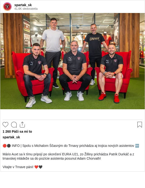 

🔴⚫ INFO | Spolu s Michalom Ščasným do Trnavy prichádza aj trojica nových asistentov 🆕

Mário Auxt sa k tímu pripojí po skončení EURA U21, zo Žilliny prichádza Patrik Durkáč a z trnavskej mládeže sa do pozície asistenta posunul Adam Chorvath!

Vitajte v Trnave páni! ❤️🖤