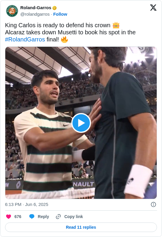 Roland-Garros: King Carlos is ready to defend his crown 👑
Alcaraz takes down Musetti to book his spot in the #RolandGarros final! 🔥 https://t.co/6b6Ou7uUoy