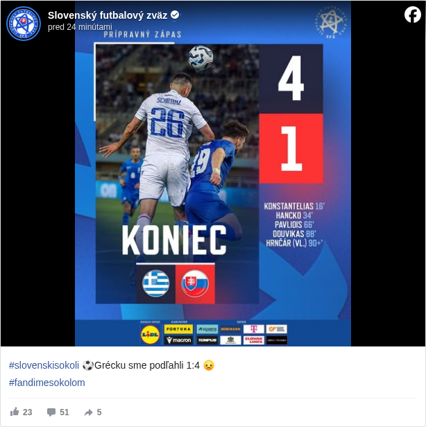 Slovenský futbalový zväz: #slovenskisokoli </hashtag/slovenskisokoli?__eep__=6&fref=mentions&ref=embed_post> ⚽️Grécku sme podľahli 1:4 🙁

 #fandimesokolom </hashtag/fandimesokolom?__eep__=6&fref=mentions&ref=embed_post>

