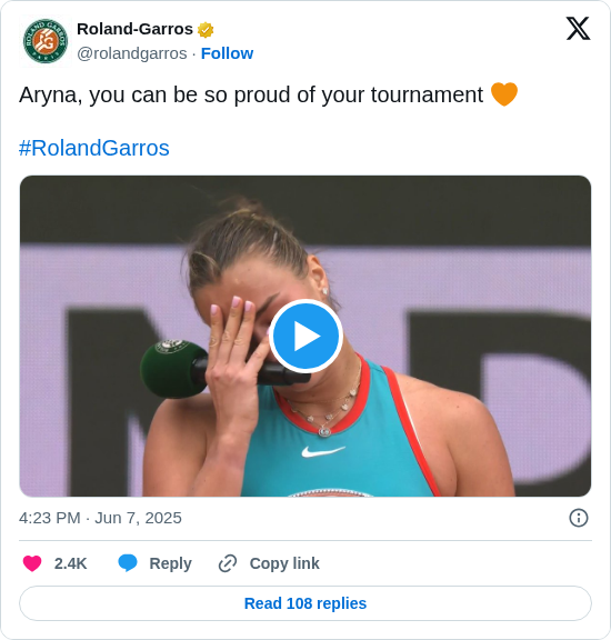 Roland-Garros: Aryna, you can be so proud of your tournament 🧡

#RolandGarros https://t.co/ySgwm3uVqT