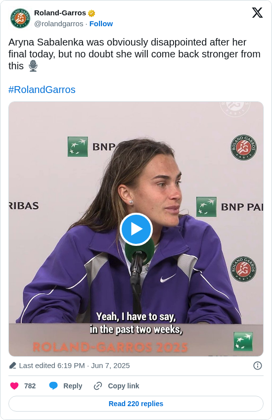 Roland-Garros: Aryna Sabalenka was obviously disappointed after her final today, but no doubt she will come back stronger from this 🎙️

#RolandGarros https://t.co/T2tCtCqx2n