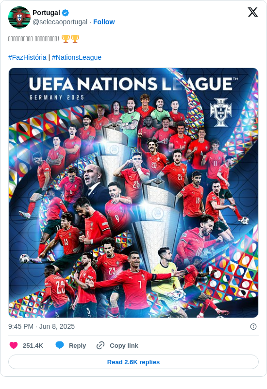 Portugal: 𝗩𝗘𝗡𝗖𝗘𝗗𝗢𝗥𝗘𝗦 𝗡𝗢𝗩𝗔𝗠𝗘𝗡𝗧𝗘! 🏆🏆 

#FazHistória | #NationsLeague https://t.co/iJfn0AtpYz