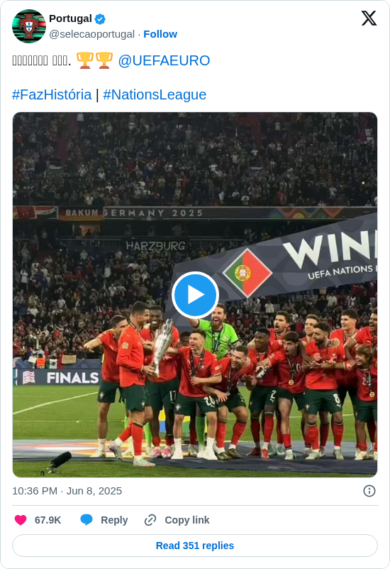 Portugal: 𝗔𝗻𝗼𝘁𝗵𝗲𝗿 𝗢𝗻𝗲. 🏆🏆 @UEFAEURO 

#FazHistória | #NationsLeague https://t.co/VTksuypPg1