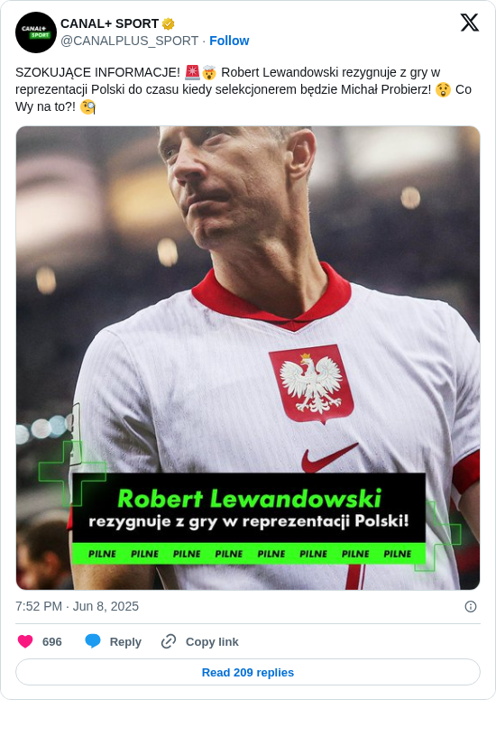 CANAL+ SPORT: SZOKUJĄCE INFORMACJE! 🚨🤯 Robert Lewandowski rezygnuje z gry w reprezentacji Polski do czasu kiedy selekcjonerem będzie Michał Probierz! 😲 Co Wy na to?! 🧐 https://t.co/v7eIcVB6y4