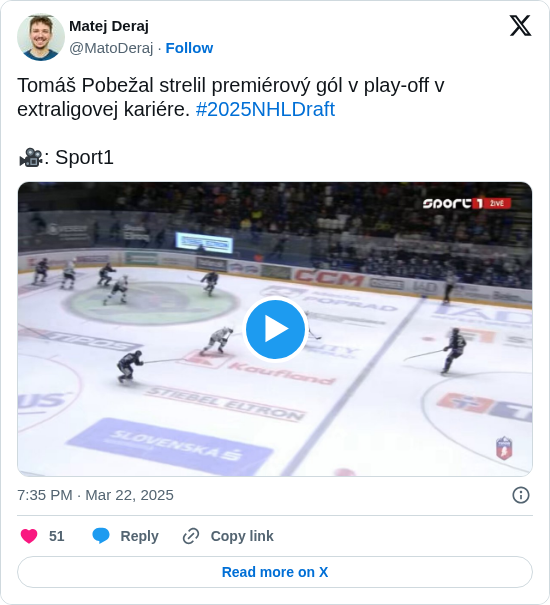 Matej Deraj: Tomáš Pobežal strelil premiérový gól v play-off v extraligovej kariére. #2025NHLDraft

🎥: Sport1 https://t.co/w2bd1Q7BtJ