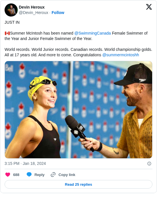 Devin Heroux: JUST IN 

🇨🇦Summer McIntosh has been named @SwimmingCanada Female Swimmer of the Year and Junior Female Swimmer of the Year.

World records. World Junior records. Canadian records. World championship golds. All at 17 years old. And more to come. Congratulations @summermcintoshh https://t.co/SHKFQebKiI