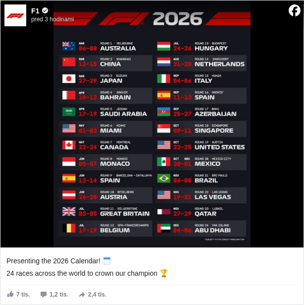 F1: Presenting the 2026 Calendar! 🗓️

 24 races across the world to crown our champion 🏆

