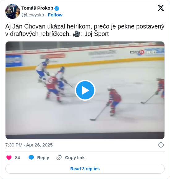 Tomáš Prokop: Aj Ján Chovan ukázal hetrikom, prečo je pekne postavený v draftových rebríčkoch. 🎥: Joj Šport https://t.co/7iryYAqhZv