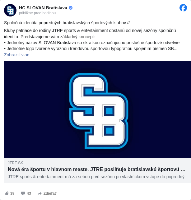 HC SLOVAN Bratislava: Spoločná identita popredných bratislavských športových klubov //

 Kluby patriace do rodiny JTRE sports & entertainment dostanú od novej sezóny spoločnú identitu. Predstavujeme vám základný koncept:
 • Jednotný názov SLOVAN Bratislava so skratkou označujúcou príslušné športové odvetvie
 • Jednotné logo tvorené výraznou trendovou športovou typografiou spojením písmen SB
 • Jednotné klubové farby tmavomodrá, belasá, biela a doplnková farba červená
 • Základný koncept novej vizuálnej identity bude detailne rozpracovaný a predstavený fanúšikom pred začiatkom novej sezóny 2025/26.

