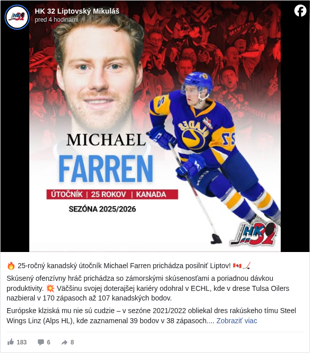 HK 32 Liptovský Mikuláš: 🔥 25-ročný kanadský útočník Michael Farren prichádza posilniť Liptov! 🇨🇦🏒

 Skúsený ofenzívny hráč prichádza so zámorskými skúsenosťami a poriadnou dávkou produktivity. 💥 Väčšinu svojej doterajšej kariéry odohral v ECHL, kde v drese Tulsa Oilers nazbieral v 170 zápasoch až 107 kanadských bodov. 

 Európske klziská mu nie sú cudzie – v sezóne 2021/2022 obliekal dres rakúskeho tímu Steel Wings Linz (Alps HL), kde zaznamenal 39 bodov v 38 zápasoch.

 Liptáci tak získavajú rýchleho a kreatívneho útočníka s výborným ofenzívnym inštinktom, ktorý môže byť rozdielovým hráčom. 💪

 Vitaj na Liptove, Michael!


