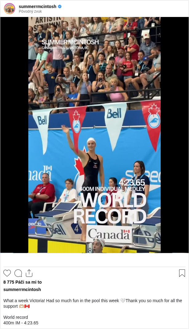 

What a week Victoria! Had so much fun in the pool this week 🤍Thank you so much for all the support 🫶🏼🇨🇦

World record
400m IM - 4:23.65
