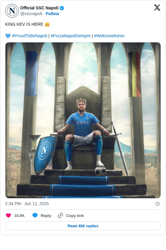 Official SSC Napoli: KING KEV IS HERE 👑 

💙 #ProudToBeNapoli | #ForzaNapoliSempre | #WelcomeKevin https://t.co/7lh3BDGues