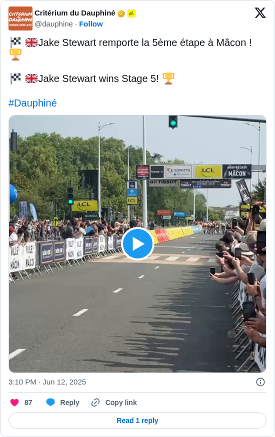 Critérium du Dauphiné: 🏁 🇬🇧Jake Stewart remporte la 5ème étape à Mâcon ! 🏆

🏁 🇬🇧Jake Stewart wins Stage 5! 🏆

#Dauphiné https://t.co/TBS8glsC7E