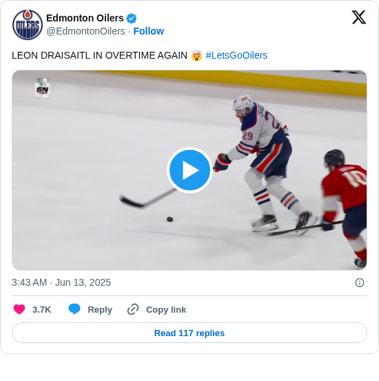 Edmonton Oilers: LEON DRAISAITL IN OVERTIME AGAIN 🤯 #LetsGoOilers https://t.co/f4UYcpoE2i