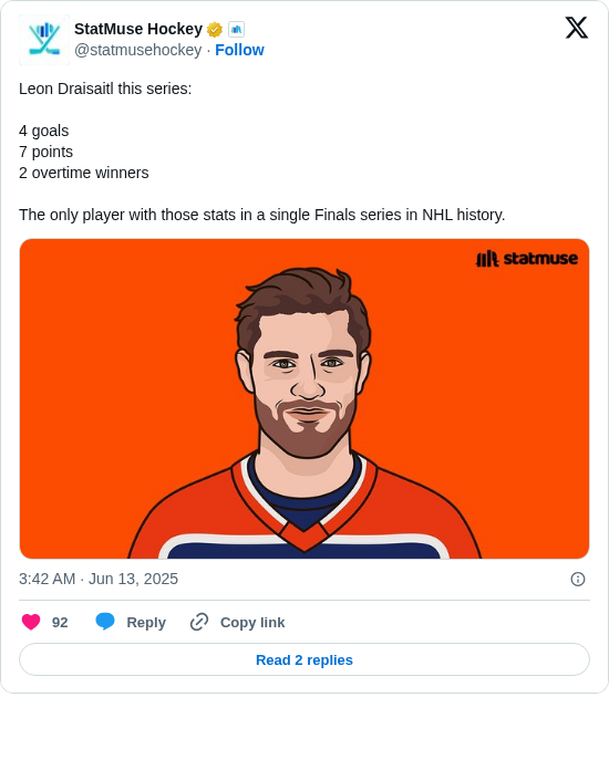 StatMuse Hockey: Leon Draisaitl this series:

4 goals
7 points 
2 overtime winners

The only player with those stats in a single Finals series in NHL history. https://t.co/ppXSZVibhU