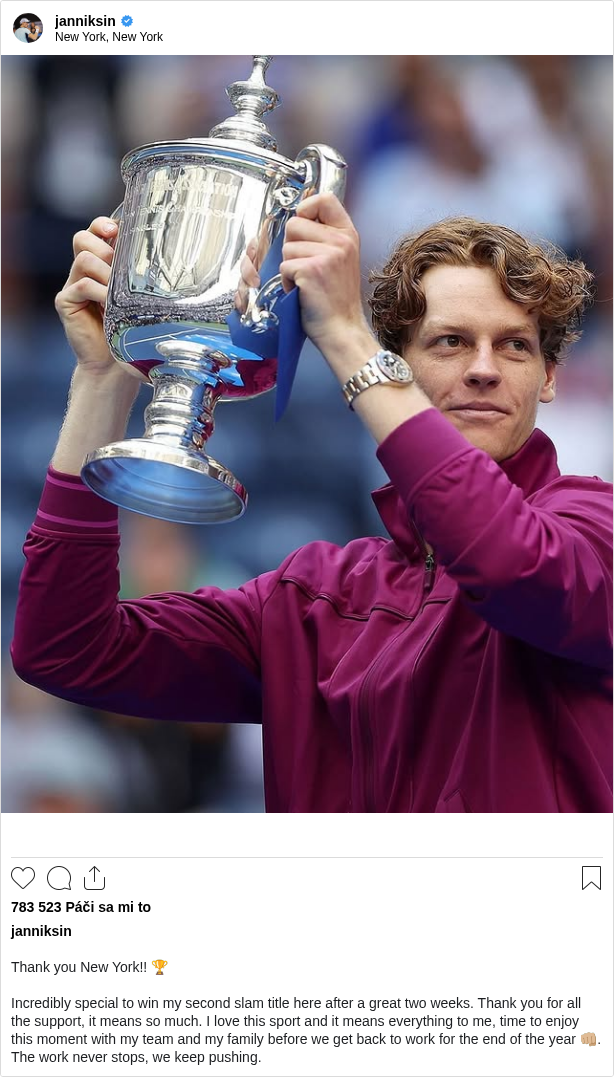 

Thank you New York!! 🏆

Incredibly special to win my second slam title here after a great two weeks. Thank you for all the support, it means so much. I love this sport and it means everything to me, time to enjoy this moment with my team and my family before we get back to work for the end of the year 👊🏼. The work never stops, we keep pushing.