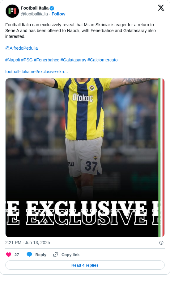 Football Italia: Football Italia can exclusively reveal that Milan Skriniar is eager for a return to Serie A and has been offered to Napoli, with Fenerbahce and Galatasaray also interested.

@AlfredoPedulla 

#Napoli #PSG #Fenerbahce #Galatasaray #Calciomercato 

https://t.co/yIiALz8CHw https://t.co/Xig1SWqFxv