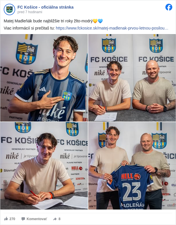FC Košice - oficiálna stránka: Matej Madleňák bude najbližšie tri roky žlto-modrý💛💙

 Viac informácií si prečitaš tu: https://www.fckosice.sk/matej-madlenak-prvou-letnou-posilou… <https://l.facebook.com/l.php?u=https%3A%2F%2Fwww.fckosice.sk%2Fmatej-madlenak-prvou-letnou-posilou-fc-kosice-a19-2374&h=AT1nixWL2ndgYD0mWMx_oEA10U5tAoYX8uYFIzAzLc3uGbTMFgWGctz805hsx1eGeGcm3P3_xsUaDL-dcMIYyMQcmrMYA3mI6Lx_NG4NDbH48H4k_dPLNoQx34KLuujgkBGxAXmw7Ny9hCY>

