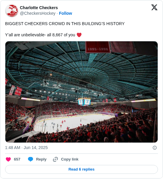 Charlotte Checkers: BIGGEST CHECKERS CROWD IN THIS BUILDING’S HISTORY

Y’all are unbelievable- all 8,667 of you ❤️ https://t.co/vAiHzWGarm