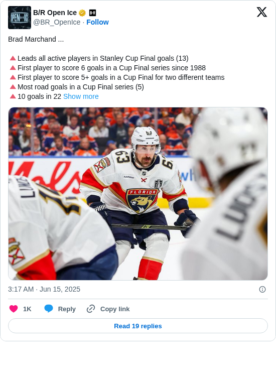 B/R Open Ice: Brad Marchand ...

🔺Leads all active players in Stanley Cup Final goals (13)
🔺First player to score 6 goals in a Cup Final series since 1988
🔺First player to score 5+ goals in a Cup Final for two different teams
🔺Most road goals in a Cup Final series (5)
🔺10 goals in 22 https://t.co/Nkh3vgyztb