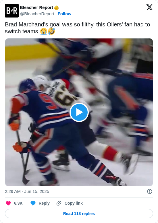 Bleacher Report: Brad Marchand's goal was so filthy, this Oilers' fan had to switch teams 😭🤣 https://t.co/rOrgPLIlr7