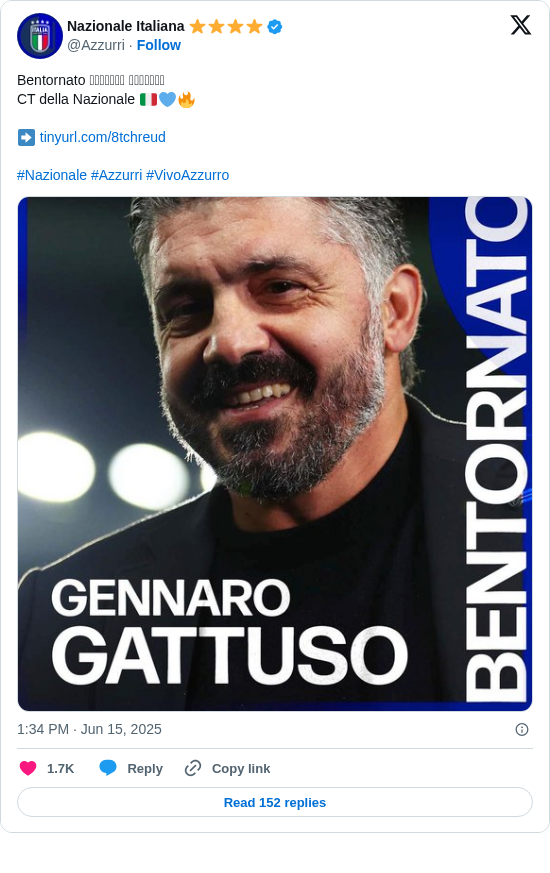 Nazionale Italiana ⭐️⭐️⭐️⭐️: Bentornato 𝑮𝒆𝒏𝒏𝒂𝒓𝒐 𝑮𝒂𝒕𝒕𝒖𝒔𝒐
CT della Nazionale 🇮🇹💙🔥

➡️ https://t.co/YljUd5ExkB

#Nazionale #Azzurri #VivoAzzurro https://t.co/FE3QMmsnla