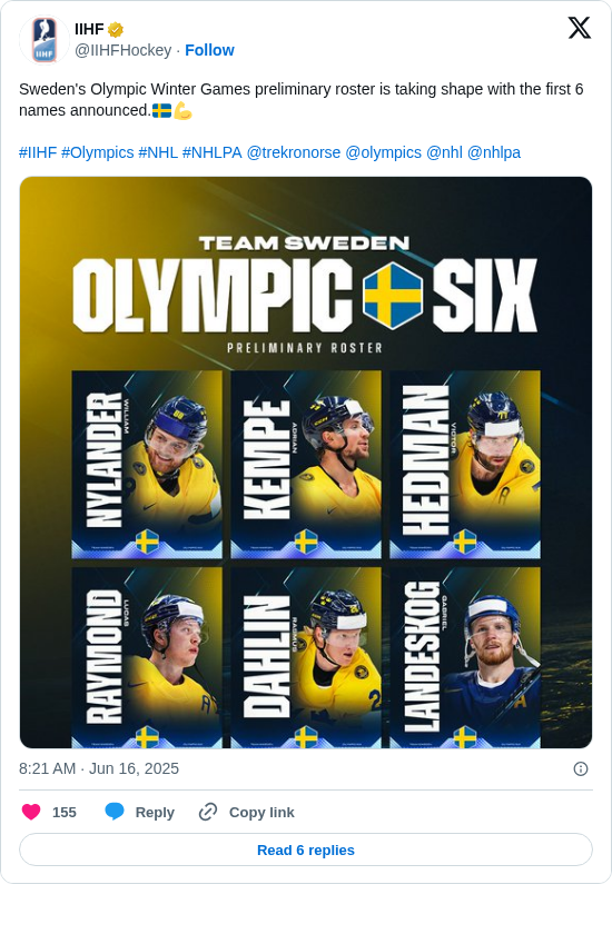 IIHF: Sweden's Olympic Winter Games preliminary roster is taking shape with the first 6 names announced.🇸🇪💪

#IIHF #Olympics #NHL #NHLPA @trekronorse @olympics @nhl @nhlpa https://t.co/ocidNPtM1X
