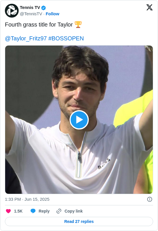 Tennis TV: Fourth grass title for Taylor 🏆

@Taylor_Fritz97 #BOSSOPEN https://t.co/w0rG56zj6a