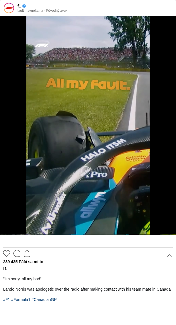 

"I'm sorry, all my bad"

Lando Norris was apologetic over the radio after making contact with his team mate in Canada

#F1 #Formula1 #CanadianGP
