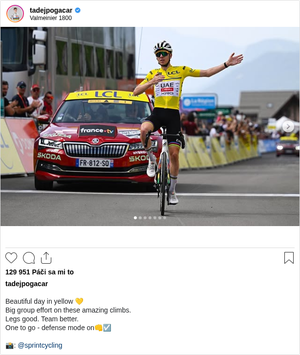 

Beautiful day in yellow 💛
Big group effort on these amazing climbs.
Legs good. Team better.
One to go - defense mode on👊☑️

📸: @sprintcycling