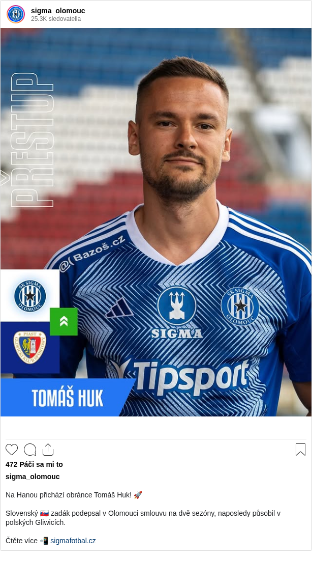 

Na Hanou přichází obránce Tomáš Huk! 🚀

Slovenský 🇸🇰 zadák podepsal v Olomouci smlouvu na dvě sezóny, naposledy působil v polských Gliwicích.

Čtěte více 📲 sigmafotbal.cz