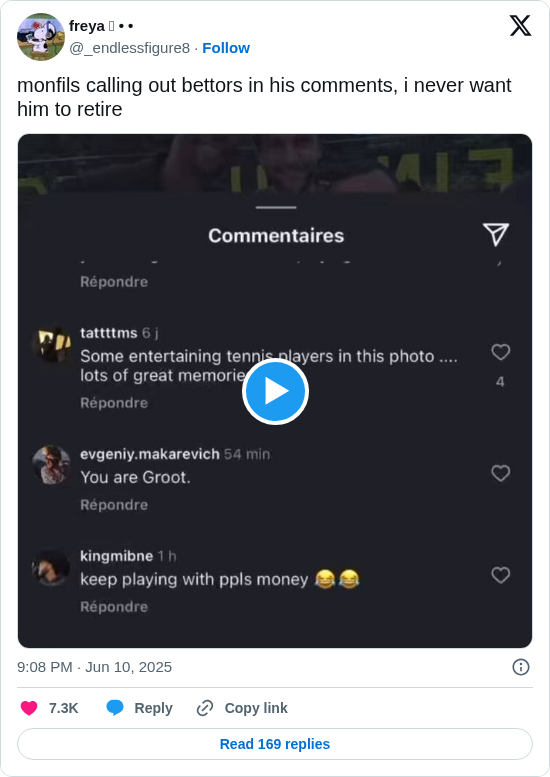 freya ⊬ • •: monfils calling out bettors in his comments, i never want him to retire https://t.co/rmkkejMnVZ
