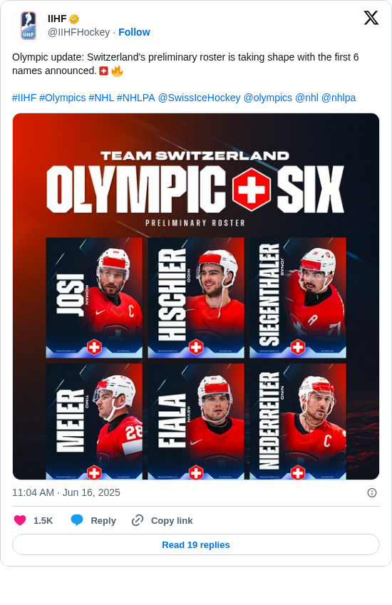 IIHF: Olympic update: Switzerland's preliminary roster is taking shape with the first 6 names announced.🇨🇭🔥

#IIHF #Olympics #NHL #NHLPA @SwissIceHockey @olympics @nhl @nhlpa https://t.co/QkAUsCGVOi