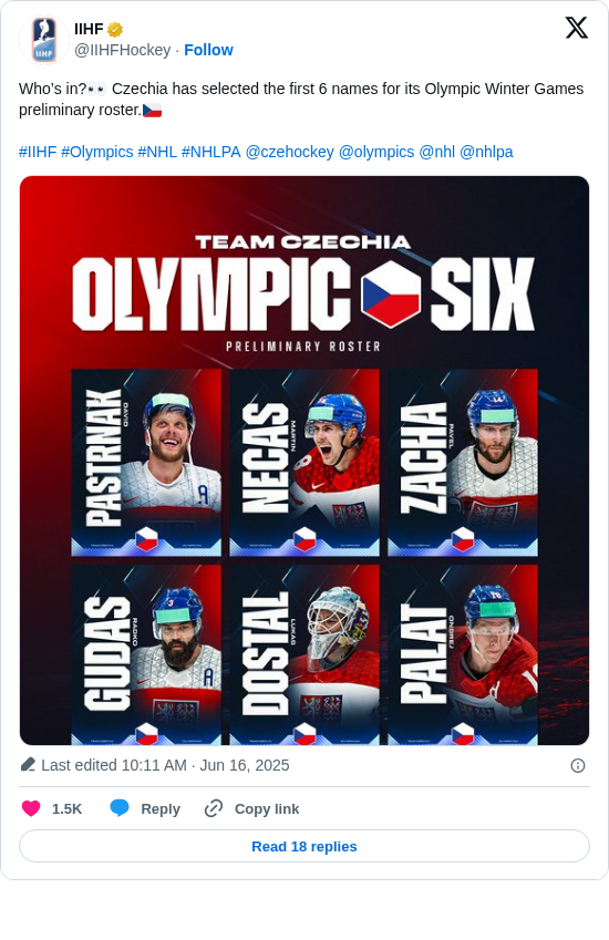 IIHF: Who’s in?👀 Czechia has selected the first 6 names for its Olympic Winter Games preliminary roster.🇨🇿

#IIHF #Olympics #NHL #NHLPA @czehockey @olympics @nhl @nhlpa https://t.co/zii4b2t2pg